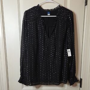 Old Navy Black Sheer Blouse with Silver Dots Size L